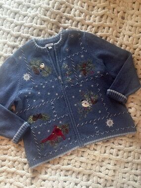 Unique Vintage Blue Embroidered Bird Zip-Front Sweater